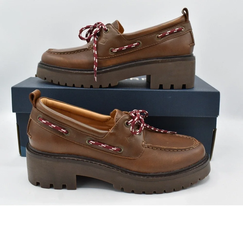 Sperry 2 Eye Women Size 7 Brown Leather Lug Slip On Boat Shoes Coquette Preppy